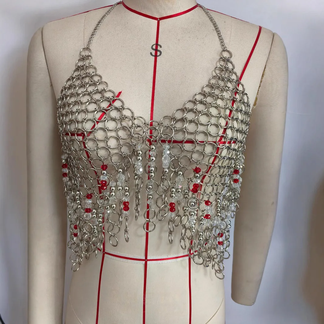 Metal Alloy Chain Vest Halter Camis Tops Crystal Pendant Bra Chain European Sexy Night Club Costume Dance Show Party Body Chain
