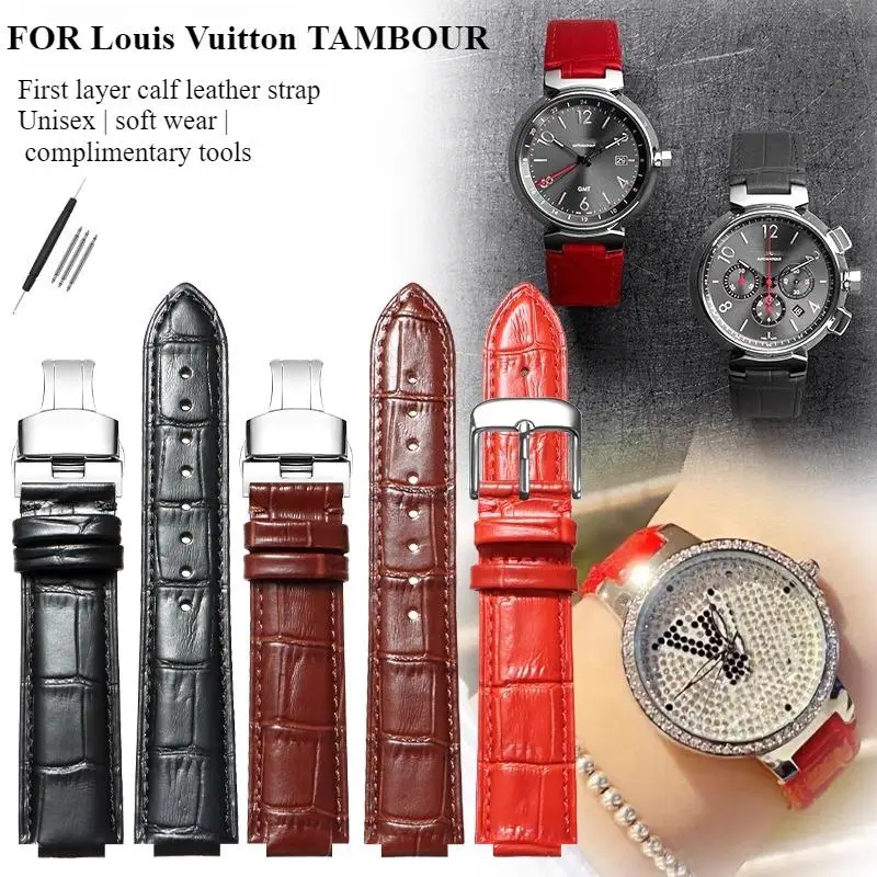 Correa de reloj de cuero genuino de 21*12 mm para reloj original Louis Vuitton de piel de vaca. LV TAMBOUR Q11410 Q11310 para hombre y mujer