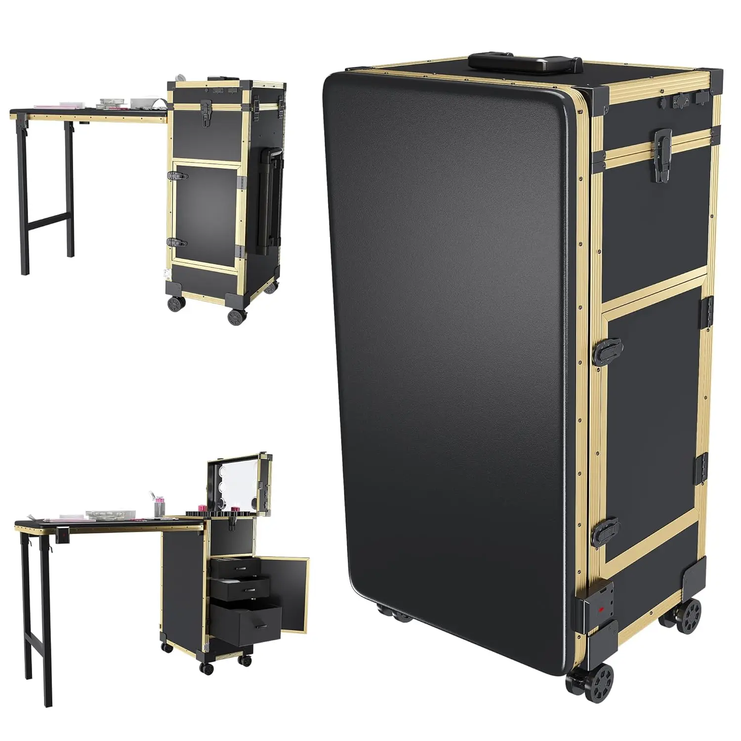 new Professional Rolling Travel Portable Nail Art Table with LED Mirror, 3 Lockable Drawers, with Wheels Handle for, Customized