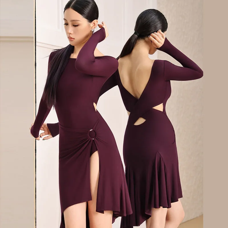 

Новое платье для латинских танцев 2025 года для взрослых, танго, чача, самба, профессиональный тренировочный костюм, высококачественное сексуальное платье с открытой спиной