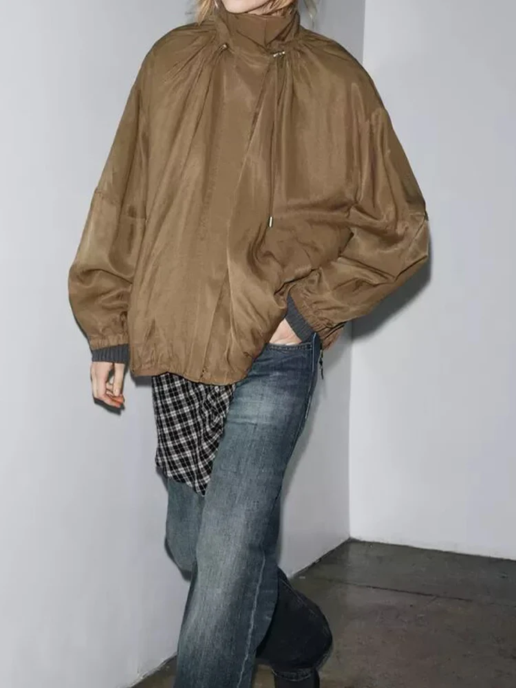 

European and American style autumn new fashion trend simple temperament women's loose casual stand collar pilot jacket