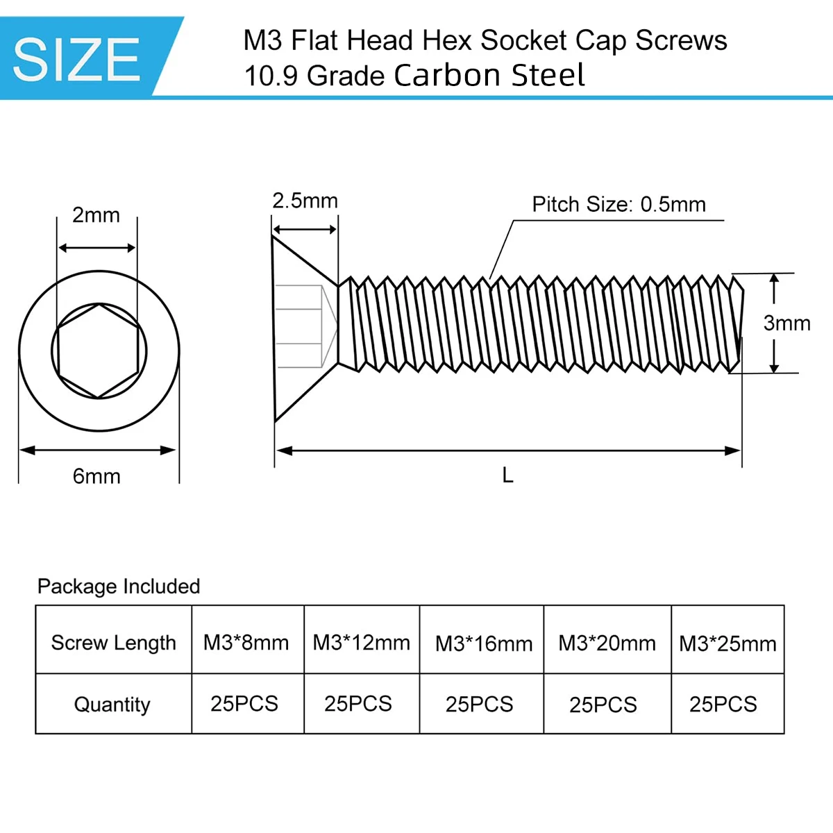 100 Stück M3 x 20/25/30/35/40 mm Flachkopf-Sechskantschraube Senkkopfschraube Kohlenstoffstahl der Güteklasse 10.9