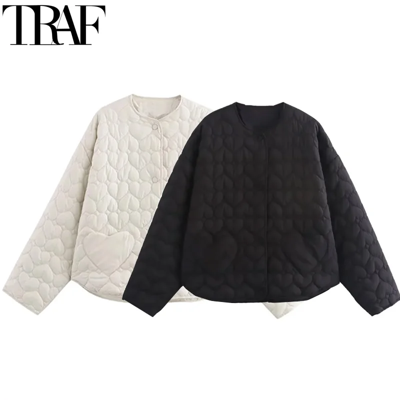 TRAF Parkas New In Coats Heart Quilted Jacket Woman Autumn Winter Black Short Padded Jacket Long Sleeve Off White Płaszcz damski