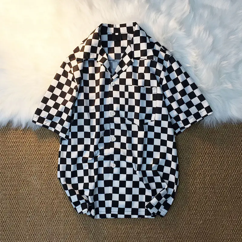 Summer Checker Plaid Button Up Shirt Checkerboard Blouse Woman Man Casual Hawaii Top Harajuku Loose Blusas y2k Tee hiphop cloth