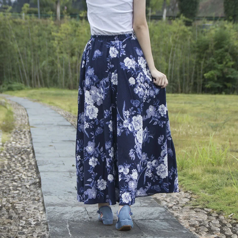 

Floral Print Skirt for Women Cotton/Linen Elastic Waist A-line Skirt New Summer Beach Boho Irregular Casual National Long Skirt