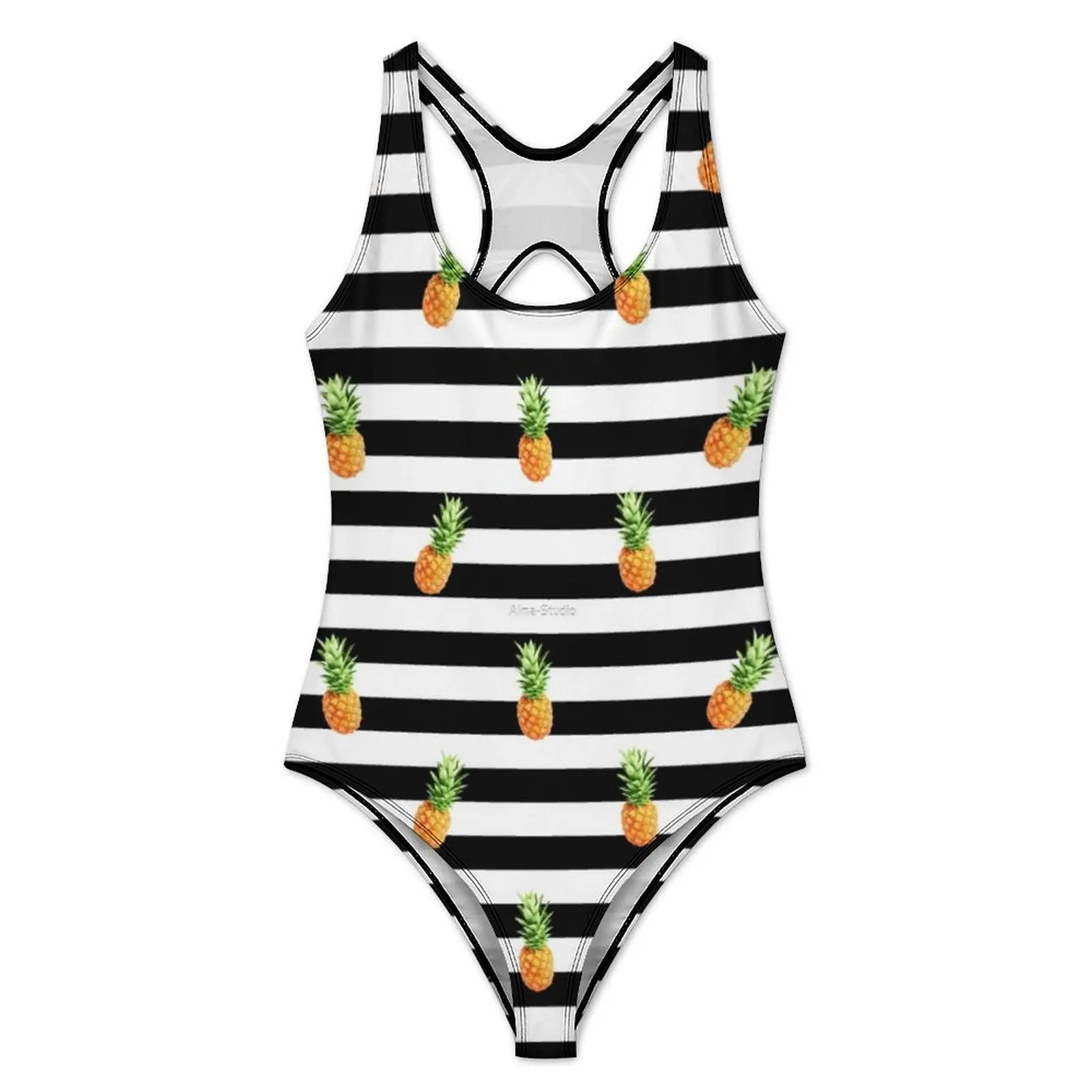 Cute Pineapple Swimsuit Sexy Black Stripes Female Swimwear One-Piece Fantasy Swimsuits Holiday Rave Push Up Backless Beach Wear