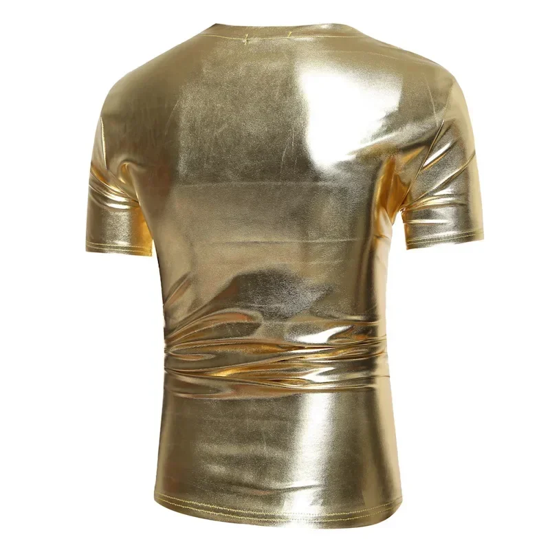 Men Hip Hop Streetwear Casual Tee Shirt Homme DJ Nightclub V Neck Tshirt Men Camiseta Shiny Gold Metallic Short Sleeve T Shirt