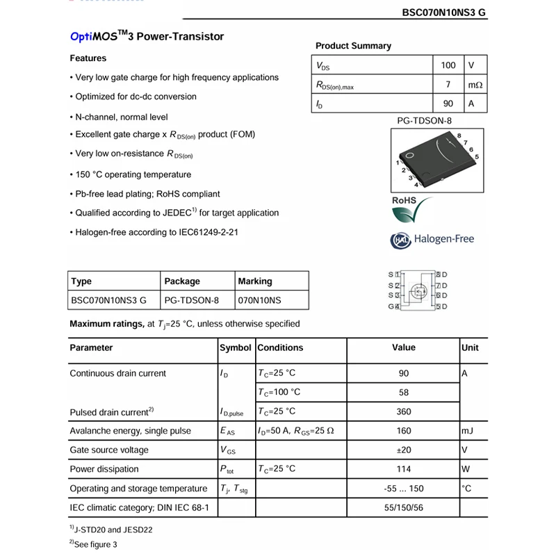 BSC070N10NS3G TDSON-8 070N10NS N-channel 100V 90A Field-Effect Transistor N-channel MOSFET Power Transistor