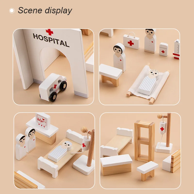 Children Hospital Pretend Play Wooden Doctor Role Play Game Ambulance Simulation 3D Toys Learning Education Imitation Game