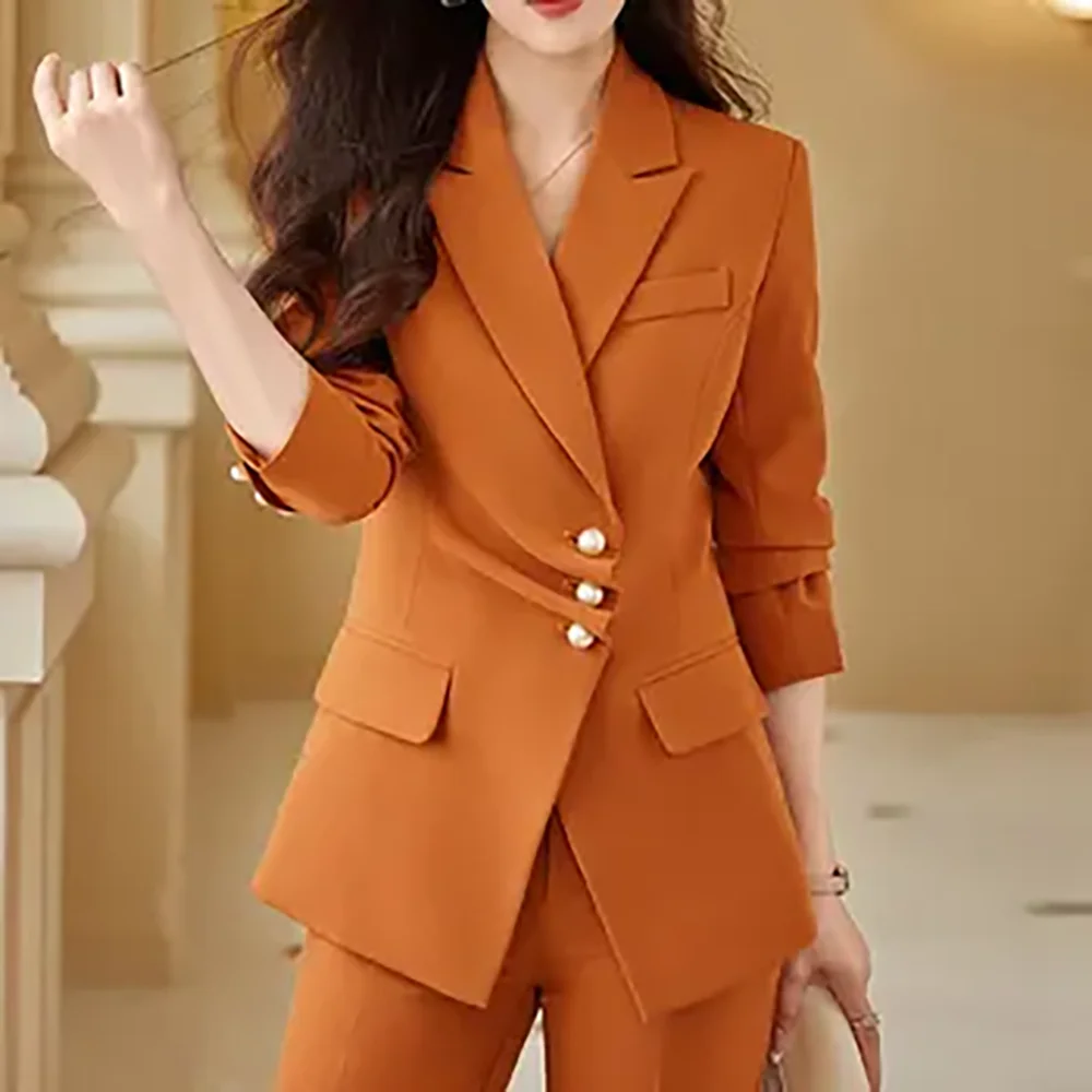 Fashion Elegant Orange Suit For Women Chic Peak Lapel Single Breasted Pearl Button Pleat 2 Piece Office Daily Female Outfit