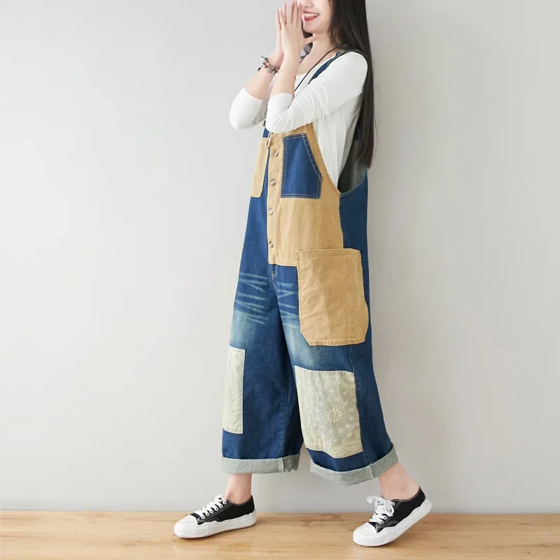 Patchwork Cargo Jean Jumpsuit Suspenders Cowboy Wide Leg Long Pants Baggy Outdoors Denim Rompers Japanese Hiphop Pocket Overalls