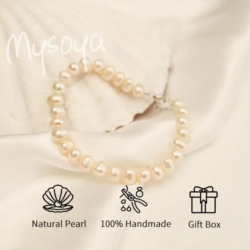 

MYSOYA 5-6mm White Freshwater Pearl Bracelet For Women And Men With Gift Box Perfect Birthday Wedding Anniversary Jewelry Gift