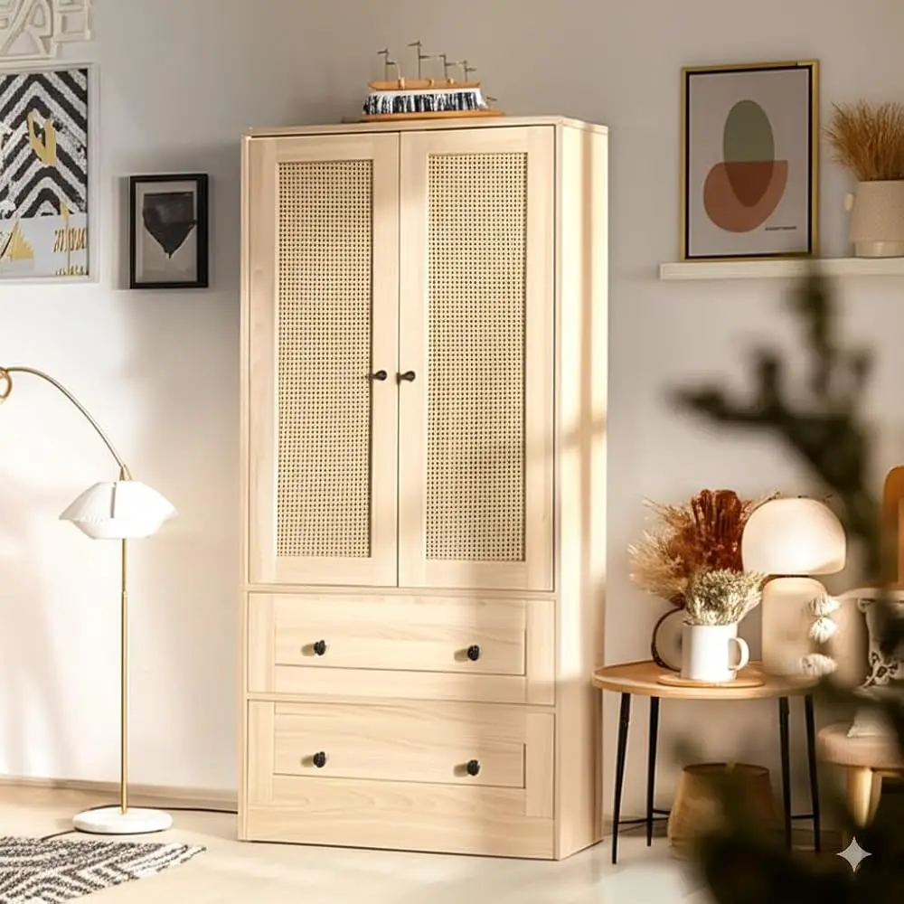 Rattan Oak Kitchen Pantry, Storage Cabinet With Adjustable Shelf For Living Room, Kitchen