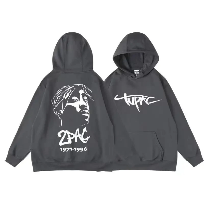 New Hip Hop Rap Rap Tupac European and American AutumnWinter Plush Cotton Hoodie Men\'s Printed Sweater Loose Sports Hoody