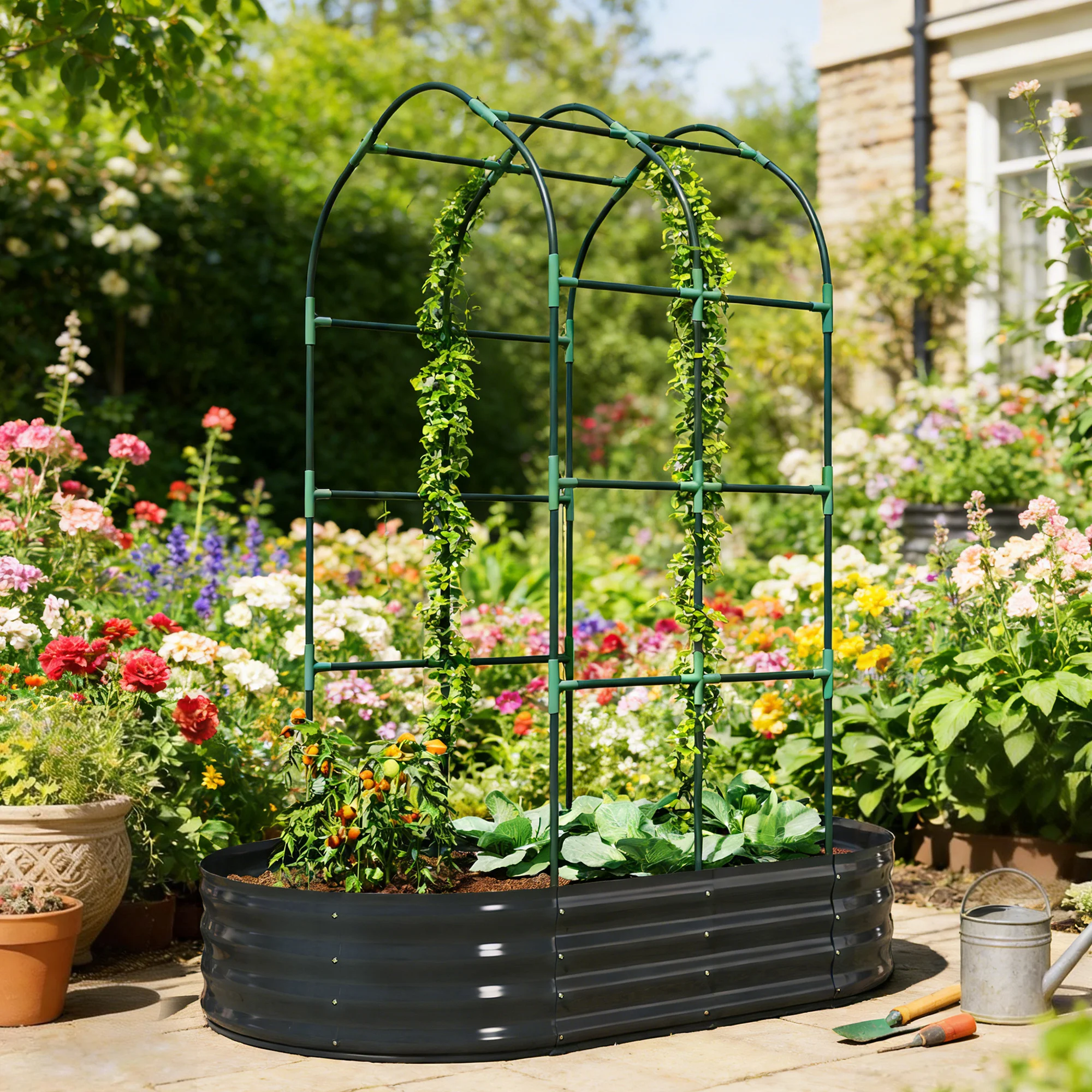 5 X 3 X 6ft Galvanized Raised Garden Bed with Arched Trellis, Dark Gray