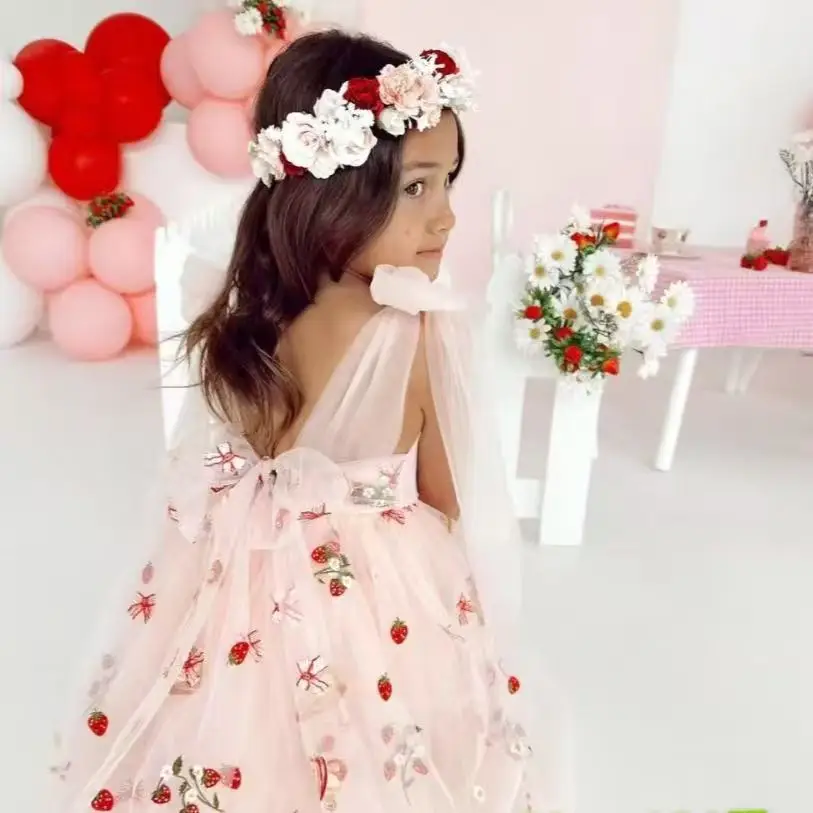 

2025 New Baby Girls Fairy Embroidery Sling Flower Dress Princess Kids Sweet Fashion Party Dress 2-6T