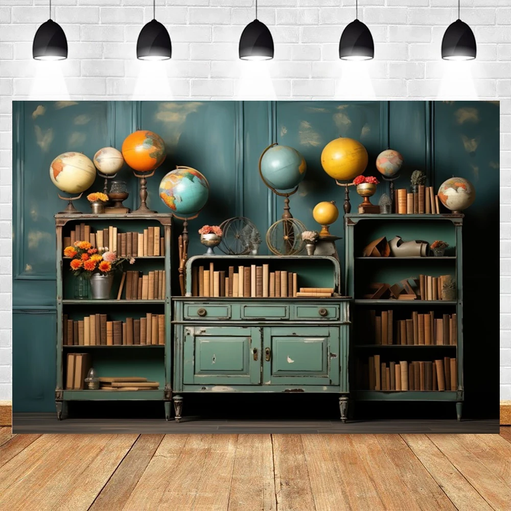 Back To School Photography Backdrop Bookshelf Books Desk Black Chalkboard Globe Pencil Book Classroom Students Photo Background