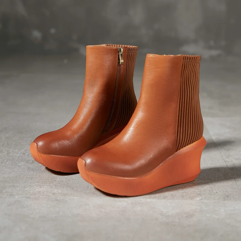 

Women Genuine Leather Boots Women Fashion Round Toe Cowhide Platform Boots Design Winter