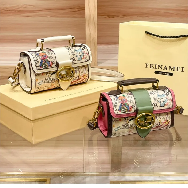 Ladies handbag, high-end designer graffiti handbag, 2024 new retro contrasting color commuting single shoulder crossbody bag