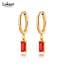 Lokaer Stainless Steel Geometric Square Hoop Earrings Black/White/Red/Green CZ Crystal Bohemia Party Earrings For Women E22019