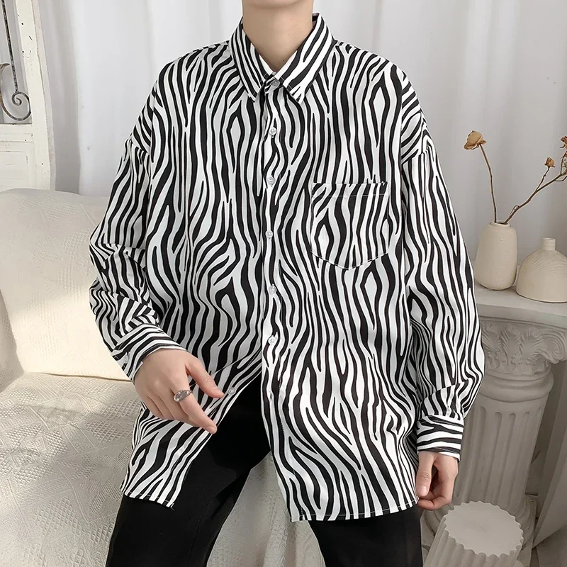 Retro Hong Kong-style zebra pattern shirt men's Korean version ins trendy teen loose long sleeves