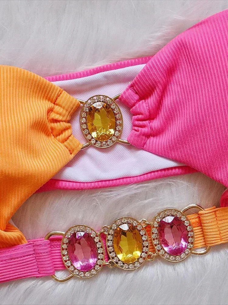 Splicing Ribbed Bandeau Bikinis Diamond Bikini Women Swimsuit Female Swimwear Two-pieces Bikini Set Hollow Out Bathing Suit Swim