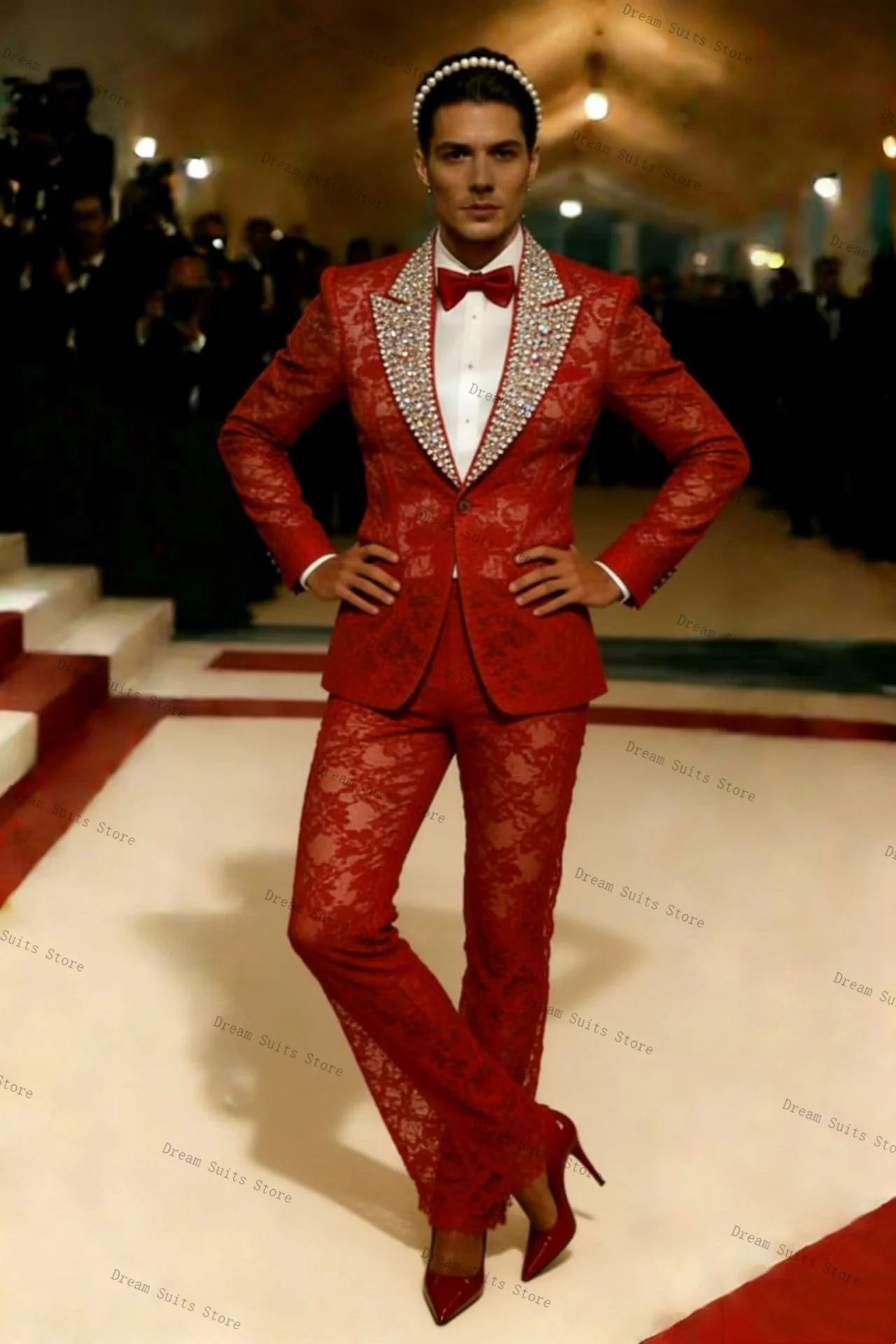 Gold Crystals Men Suit Set 2 Piece Blazer+Pants Trousers Customized Red Cotton Formal Office Jacket Wedding Tuxedos Prom Coat