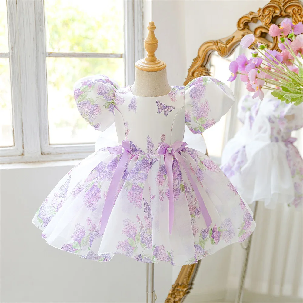 Purple Flower Butterfly Kids Dress Puff Short Sleeve Tulle Tutu Gown Princess Girl Birthday Wedding Baptism Pageant  Dress ASQ03