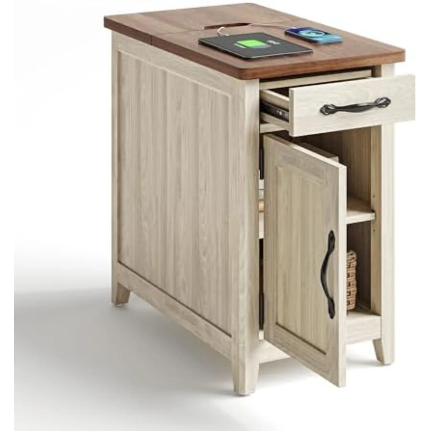 Charging End Table with USB Ports, Wooden Door, Washed Grey | Built-in Charging Station with USB & Outlet, Drawer