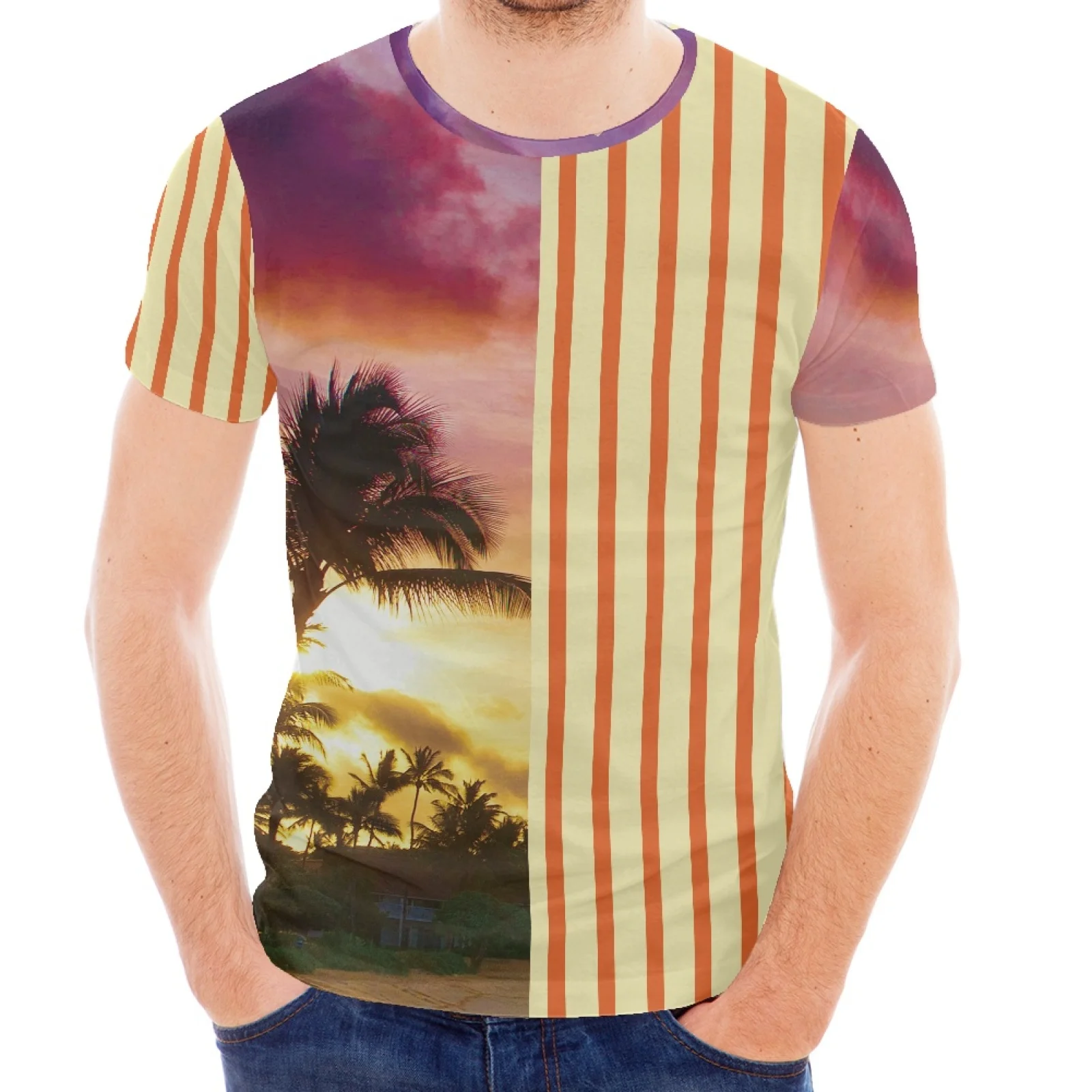 

Striped Bachfront Design Printed Beachfront Hawaiian Polynesian Style Slim Crew-Neck Short Sleeve Summer Sports Shirt Luxury