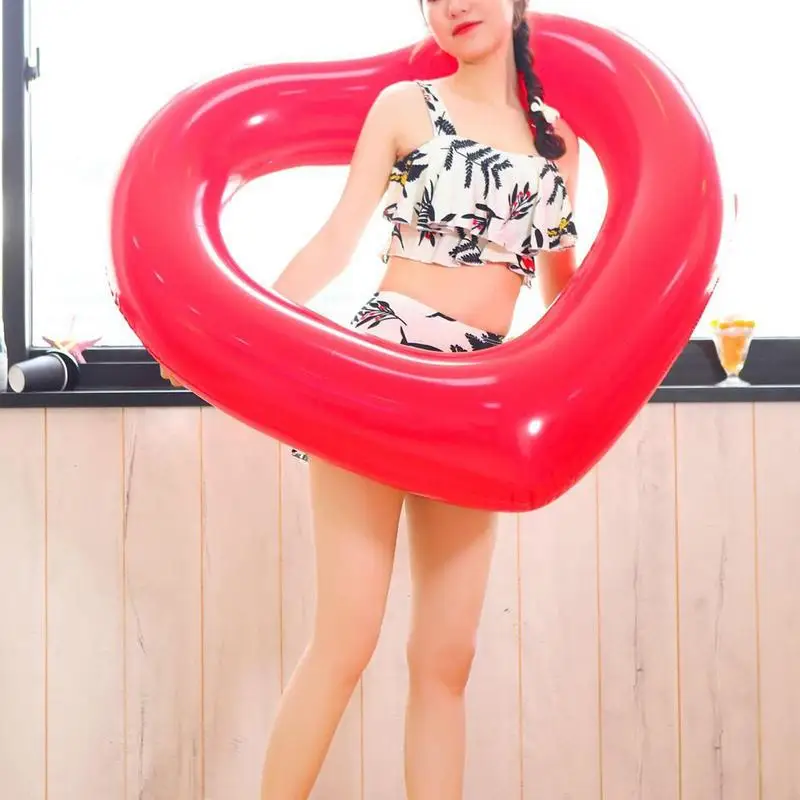 PVC Love Swim Ring Adult Pool Float 100*120cm Rose Gold Sequin Floating On Water Red Heart Shaped Inflatable Circle Life Buoy