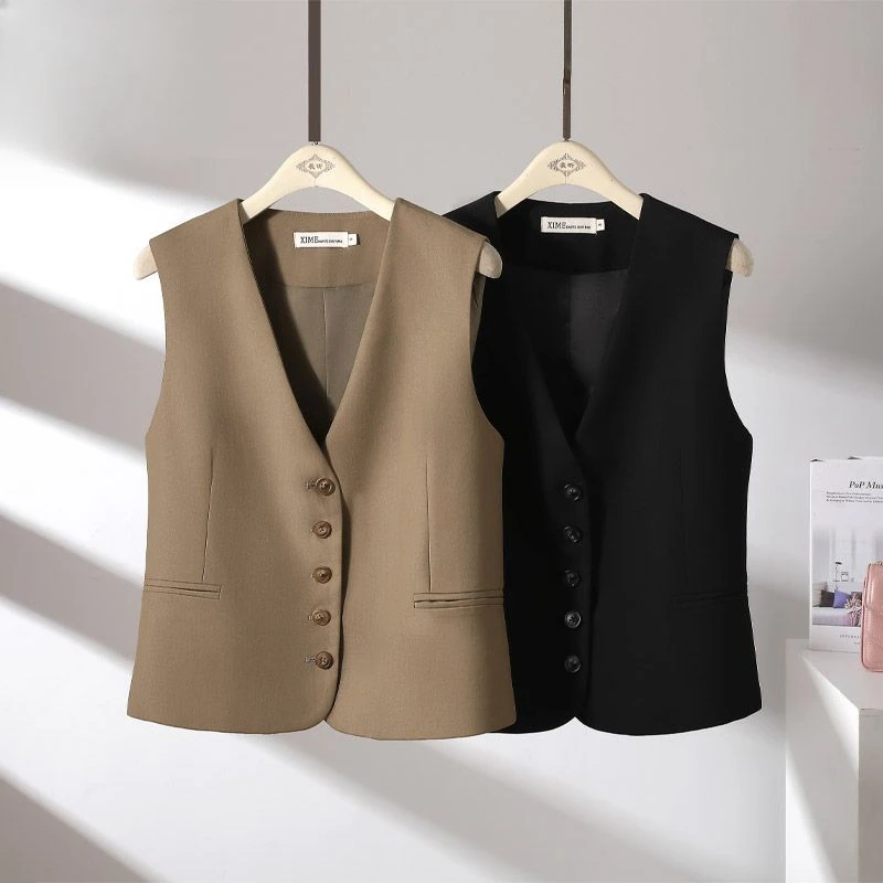 

2024 Women Spring Autumn New V-Neck Vest Jackets Female Loose Solid Color Waistcoat Ladies Single Breasted Sleeveless Coats W723