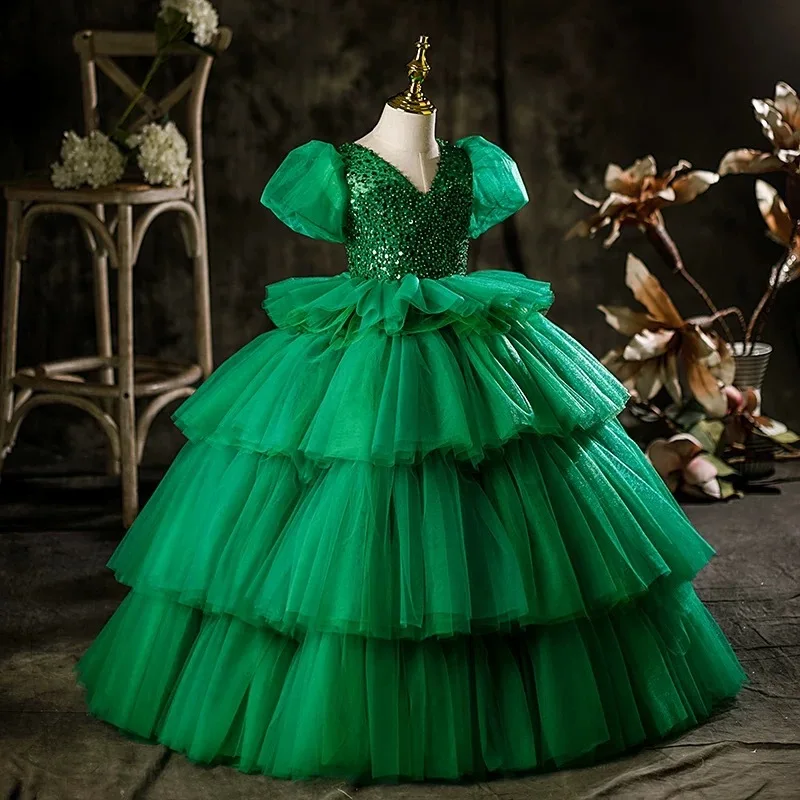 Customized Green Ball Gown Baby Flower Girl Dresses Sequins Princess Prom Birthday Party Gowns Formal