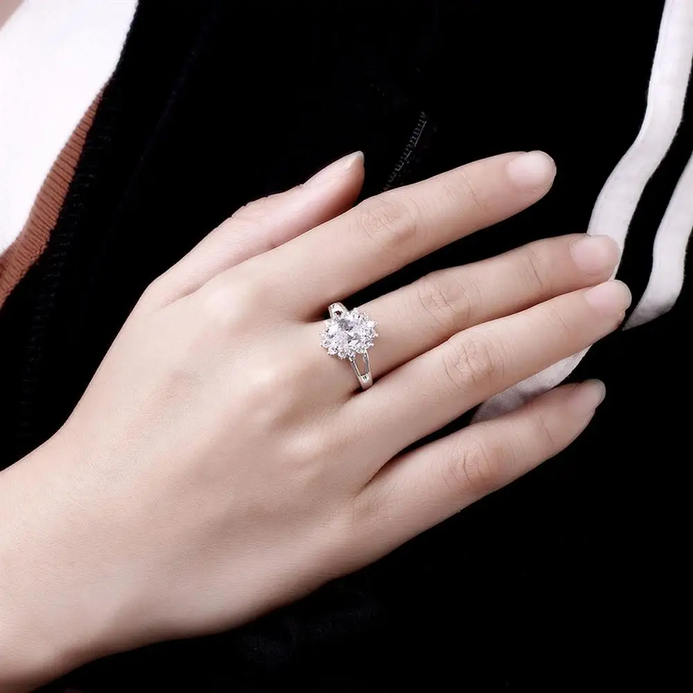 Women's 925 Sterling Silver Crystal Flower Moissanite Ring