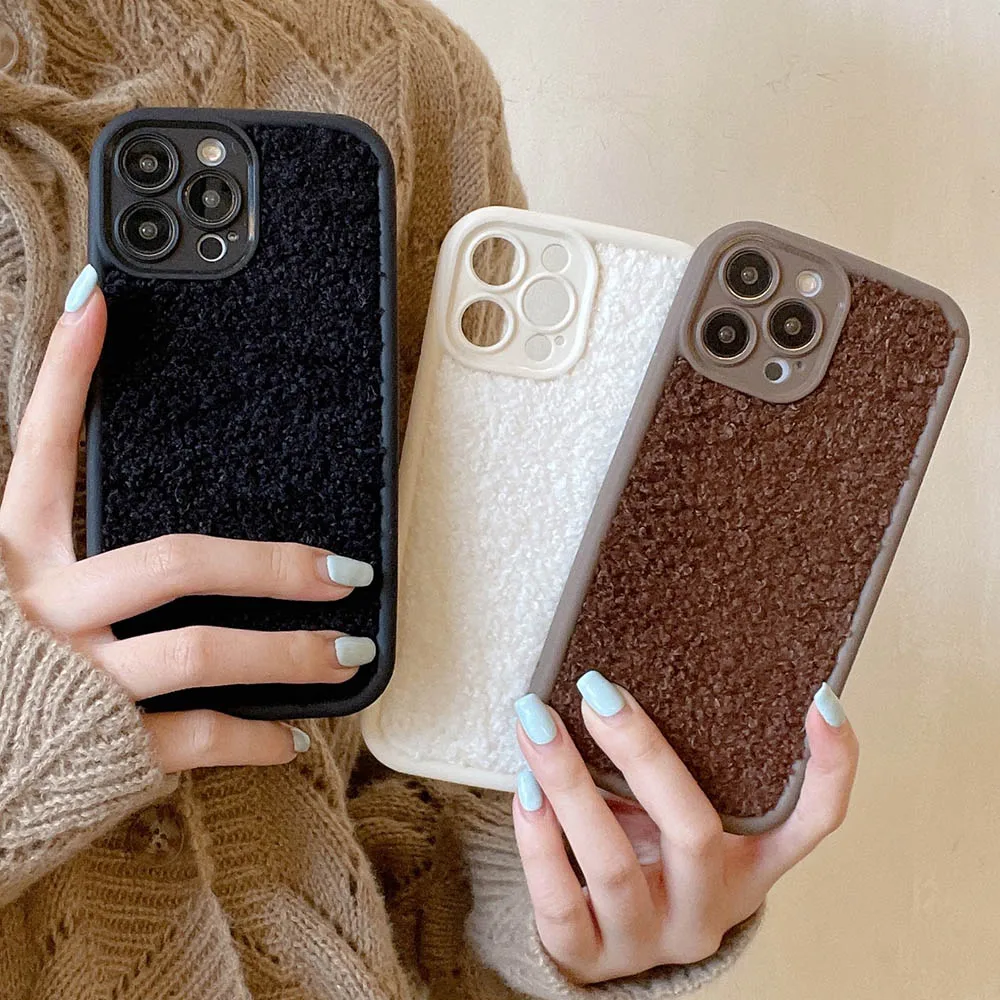 Autumn Winter Simple Solid Color Towel Plush Soft Case For IPhone 12 11 13 14 15 Pro Max XS XR X 7 8 Plus Protective Phone Cover