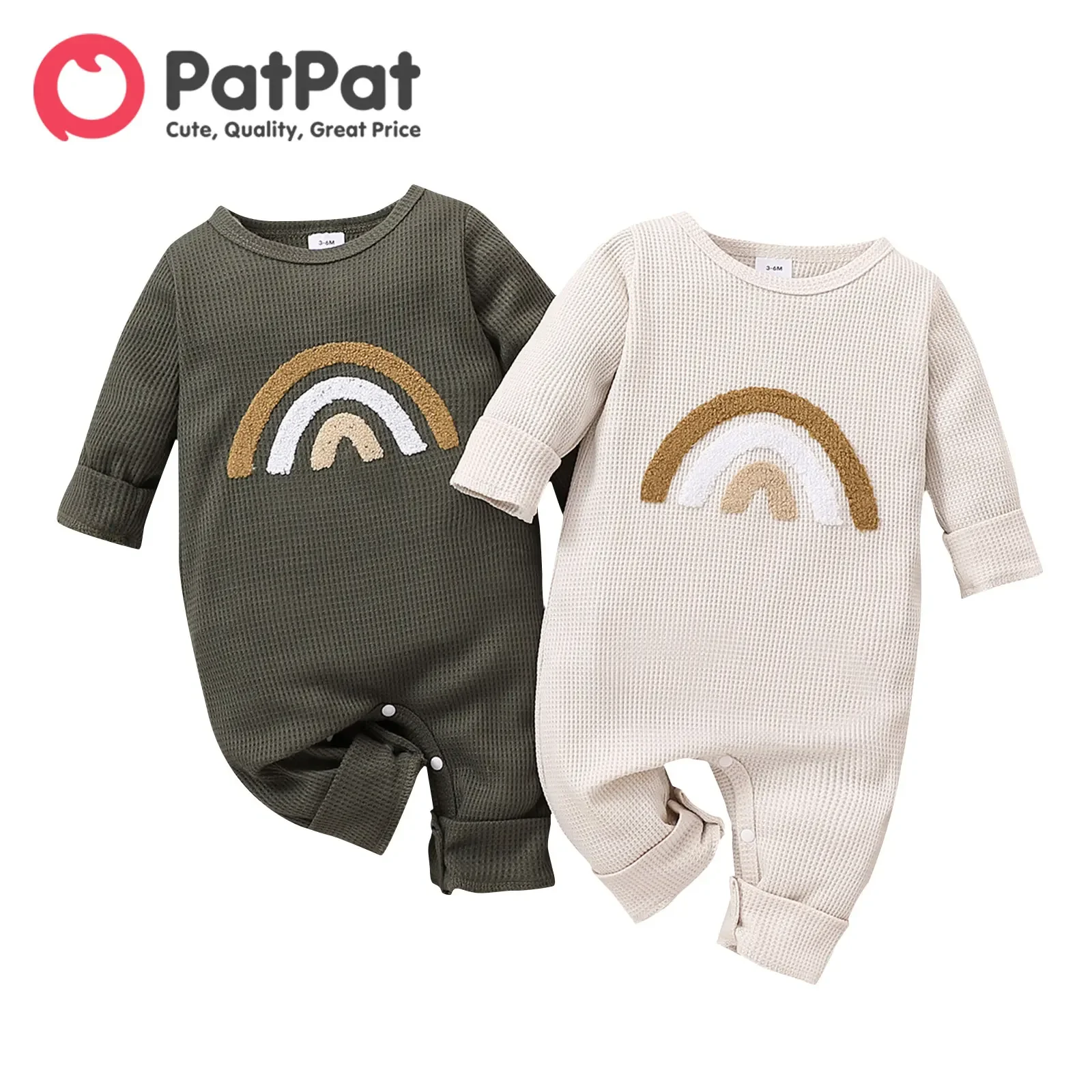 PatPat Baby Boy Rainbow Embroidered Long-sleeve Waffle Jumpsuit Soft and Comfortable  Perfect for Outings and Daily Wear