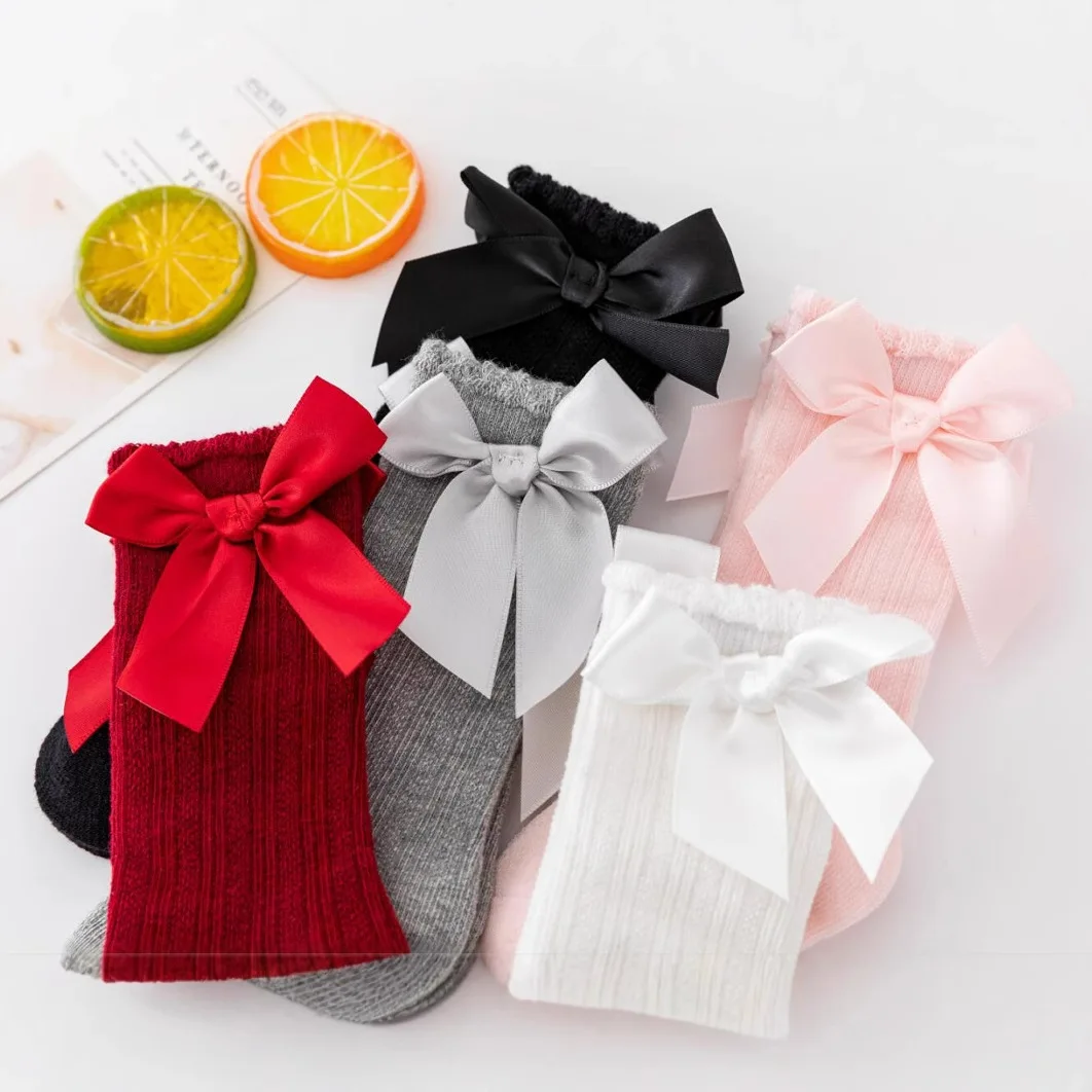 

Детские гольфы для девочек от 0 до 3 лет, однотонные полосатые носки с бантиками и нескользящей ручкой, милые детские носки до щиколотки для детей