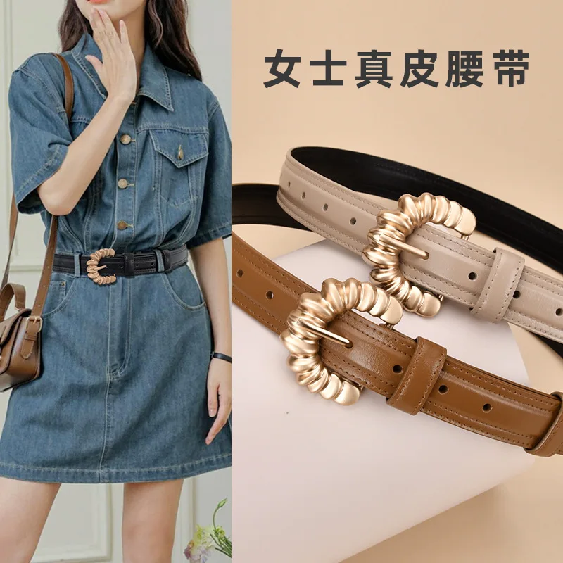 Women's belts, irregular letter buckles, simple belts, real cowhide, versatile women's belts
