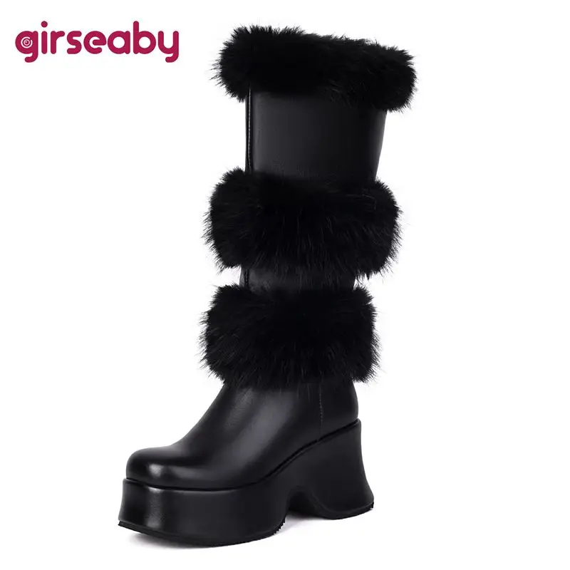 Girseaby 2024 New Women Knee Boots Square Toe Block Heels 7.6cm Platform Hill Furry Slip On Fashion Party Winter Bota 41 42 43