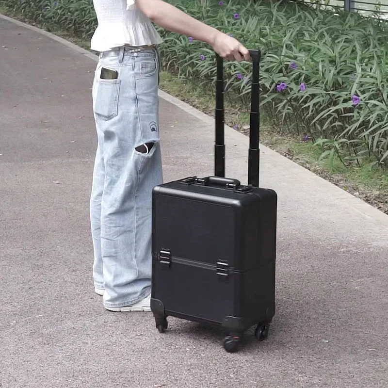 Aluminium Trolley Make-Up Doos Met Grote Capaciteit Draagbare Textuur Gereedschapskist Semi-Color Professionele Trolley Cosmetische Koffer