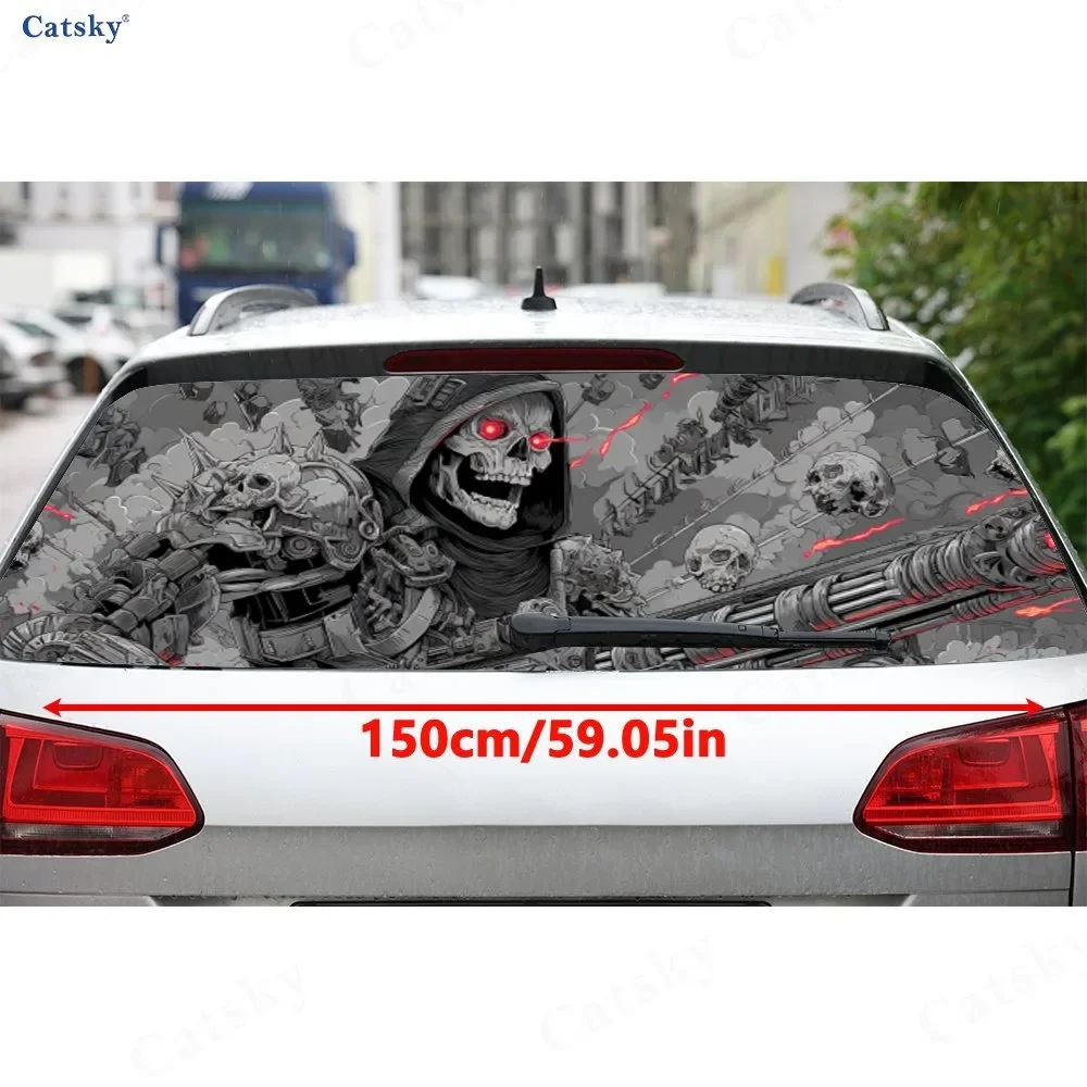 Charming Mechanical Skull in a Sci - Fi Art Scene PVC Perforated Car Vinyl Wraps, Durable Car Rear Windshield Sticker, Waterproo