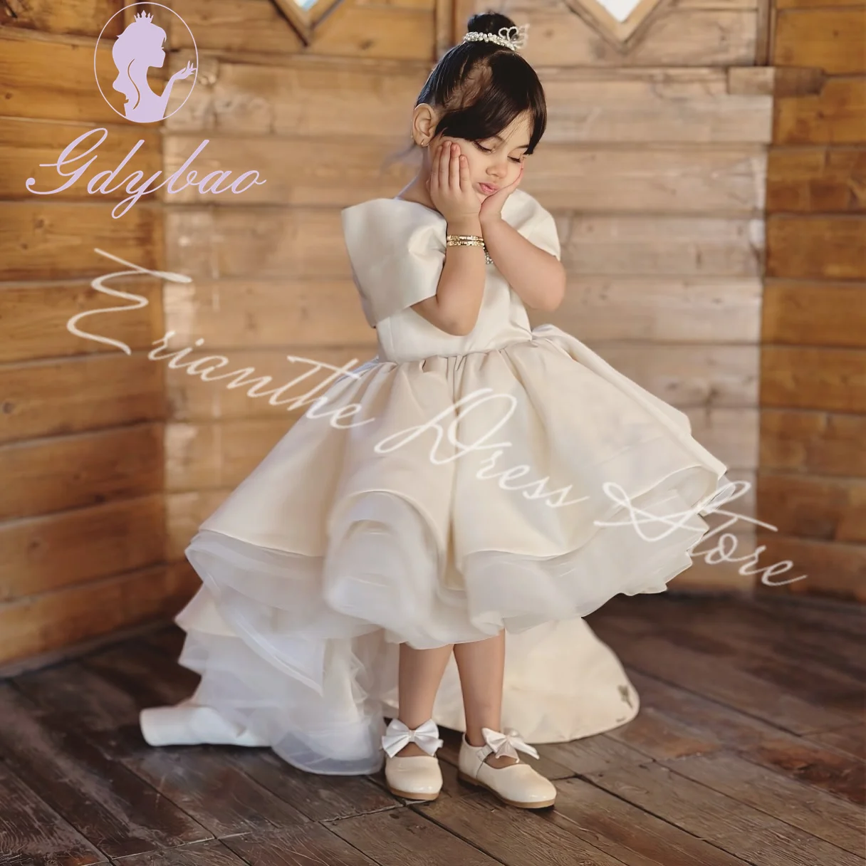 ชุดเดรสเด็กผู้หญิงสีงาช้างสำหรับงานแต่งงาน ผ้าซาตินทูลล์แบบพอง ไหล่เฉียง สไตล์เจ้าหญิง สำหรับงานวันเกิด งานรับศีลมหาสนิท หรืองานเลี้ยง