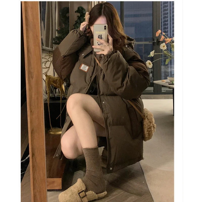 Brown Down Jacket Women Coat Black Hooded Fashion American Streetwear Y2K Style Duck Down Feather Female Winter Short Outwear