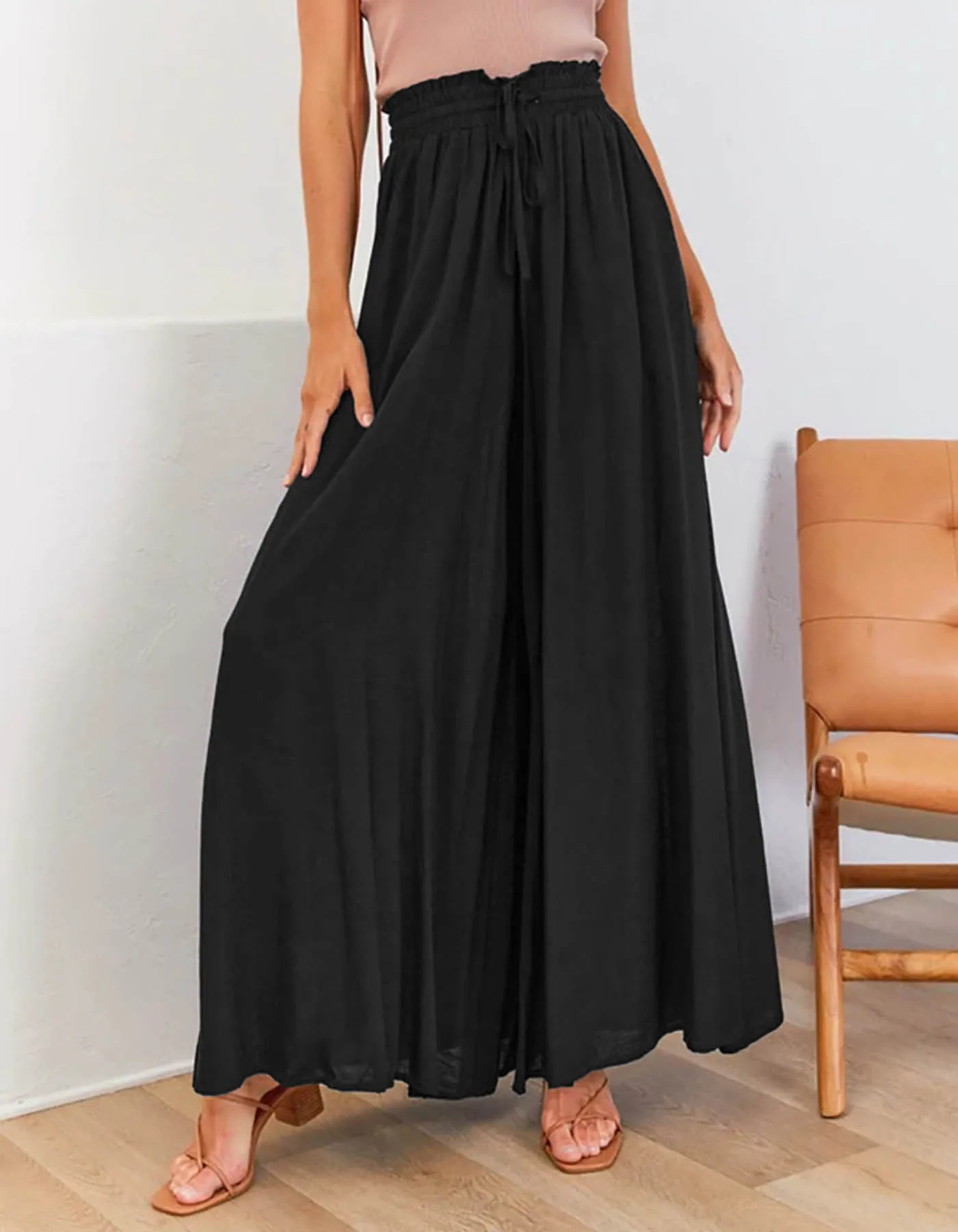 Spring Summer Casual Elastic Waist Wide Leg Pants Solid Color Loose Casual Holiday Fashion Women Long Trousers