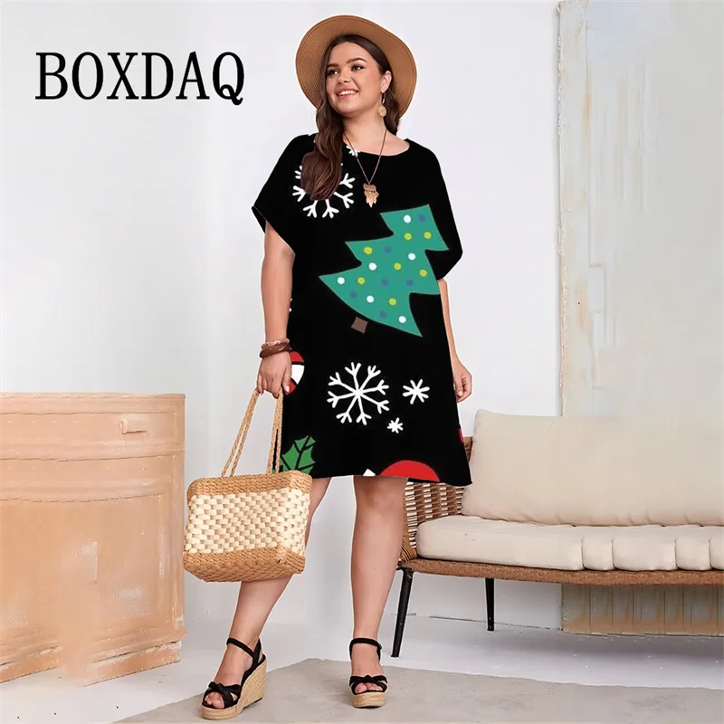 Fashion Cute Christmas Party Women Dress Summer 3D Christmas Tree Santa Claus Cartoon Print A-Line Dress New Year Women Clothing