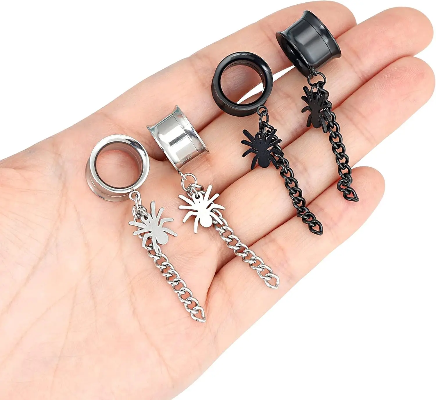 1/ 2 Pair Stainless Steel Dangle Chain Cross Spider Ear Tunnels Earrings Gauges 2G-5/8 inch