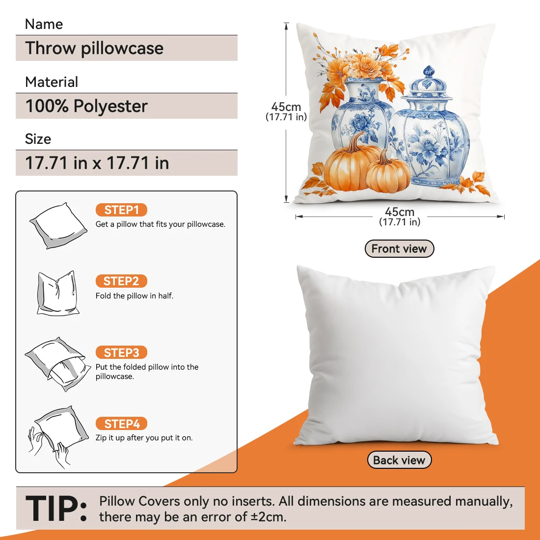 1pcs Blue White Porcelain Autumn Pumpkin Pillowcase Square Bedroom Cushion Covers Zipper Living Soft Home  Decor 45x45cm