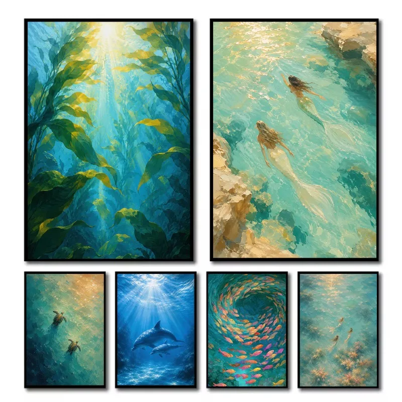 Sunlit Ocean Underwater Botanical Seascape Animals Tropical Mermaid Poster Canvas Painting Wall Art Pictures Home Decor