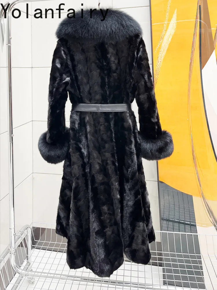YOLANFAIRY Real Fur Coat Woman 2026 Winter Fashion Long Mink Fur Coat Removable Fox Fur Collar Young Style Jacket Overcoat 114cm