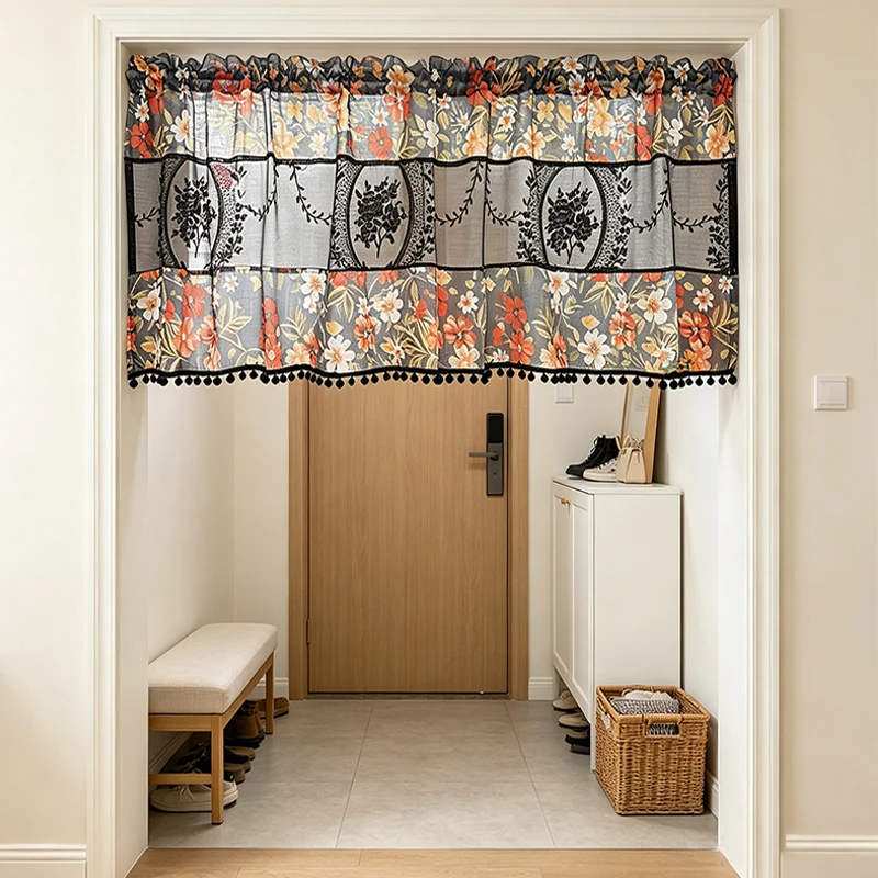 1pc Vintage Linen Texture Cafe Curtain, Mirror Floral Lace Spliced Floral Print Short Valance with Pom Pom Trim